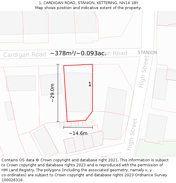 1, CARDIGAN ROAD, STANION, KETTERING, NN14 1BY: Plot and title map