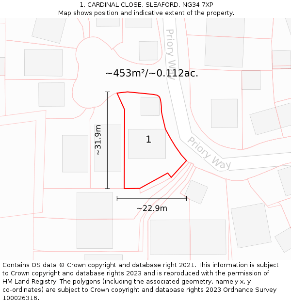 1, CARDINAL CLOSE, SLEAFORD, NG34 7XP: Plot and title map