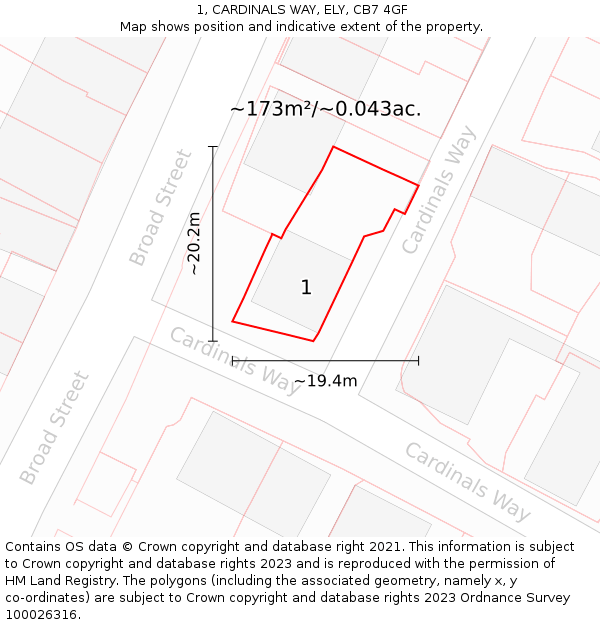 1, CARDINALS WAY, ELY, CB7 4GF: Plot and title map