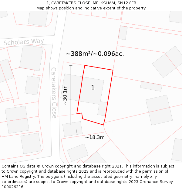 1, CARETAKERS CLOSE, MELKSHAM, SN12 8FR: Plot and title map