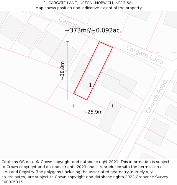 1, CARGATE LANE, UPTON, NORWICH, NR13 6AU: Plot and title map
