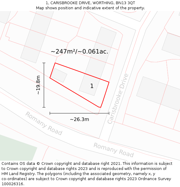 1, CARISBROOKE DRIVE, WORTHING, BN13 3QT: Plot and title map