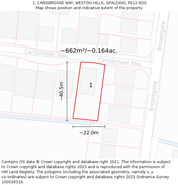 1, CARISBROOKE WAY, WESTON HILLS, SPALDING, PE12 6DS: Plot and title map