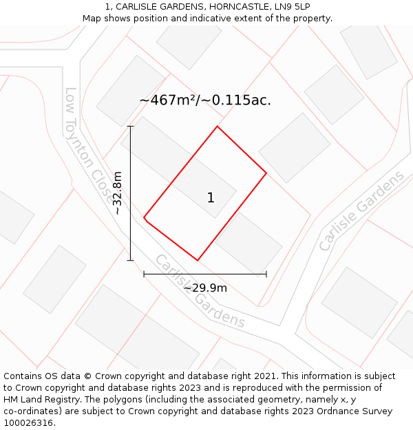 1, CARLISLE GARDENS, HORNCASTLE, LN9 5LP: Plot and title map