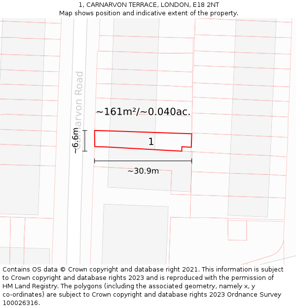 1, CARNARVON TERRACE, LONDON, E18 2NT: Plot and title map
