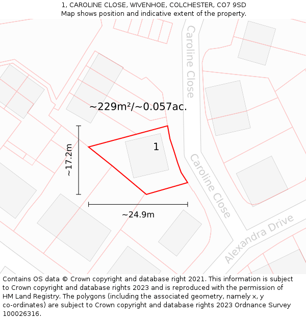 1, CAROLINE CLOSE, WIVENHOE, COLCHESTER, CO7 9SD: Plot and title map