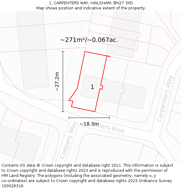 1, CARPENTERS WAY, HAILSHAM, BN27 3XD: Plot and title map