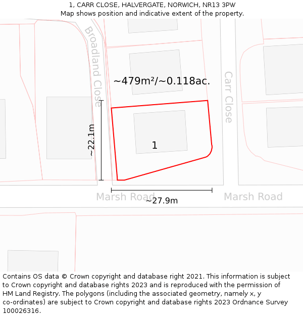 1, CARR CLOSE, HALVERGATE, NORWICH, NR13 3PW: Plot and title map