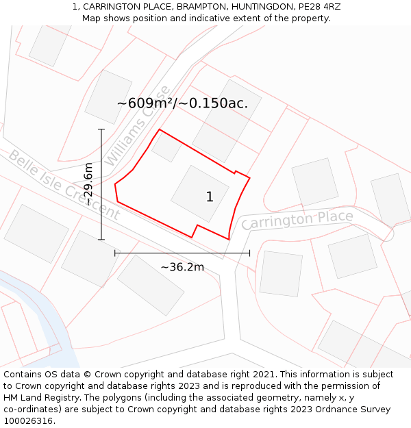 1, CARRINGTON PLACE, BRAMPTON, HUNTINGDON, PE28 4RZ: Plot and title map