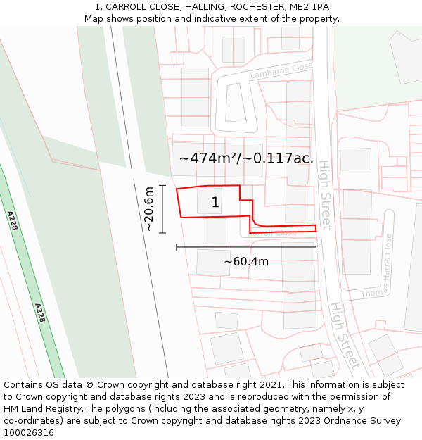 1, CARROLL CLOSE, HALLING, ROCHESTER, ME2 1PA: Plot and title map
