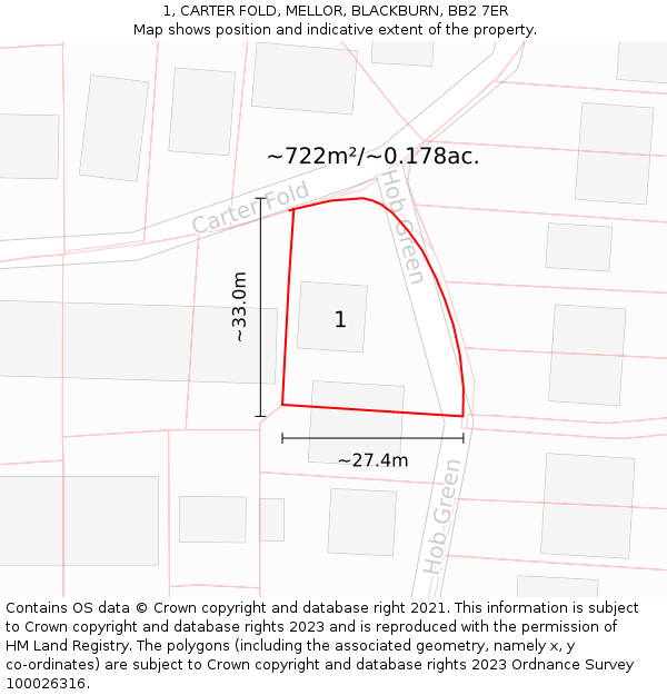 1, CARTER FOLD, MELLOR, BLACKBURN, BB2 7ER: Plot and title map
