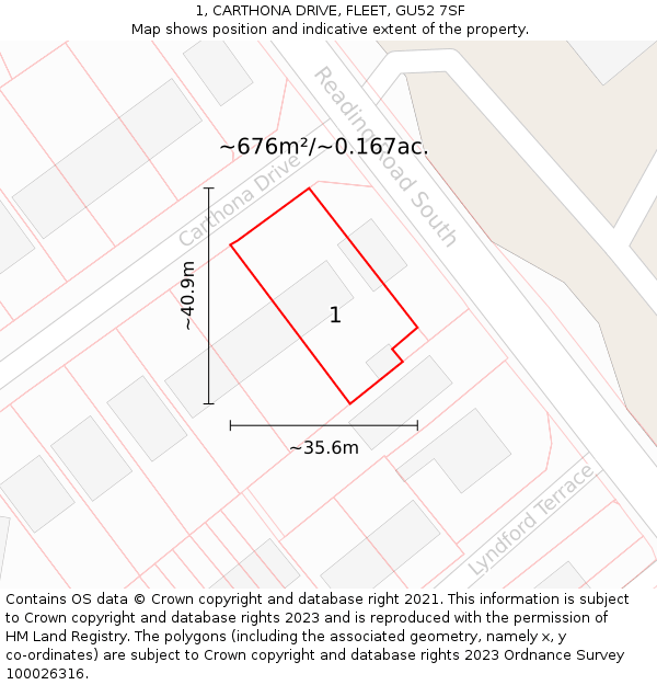 1, CARTHONA DRIVE, FLEET, GU52 7SF: Plot and title map