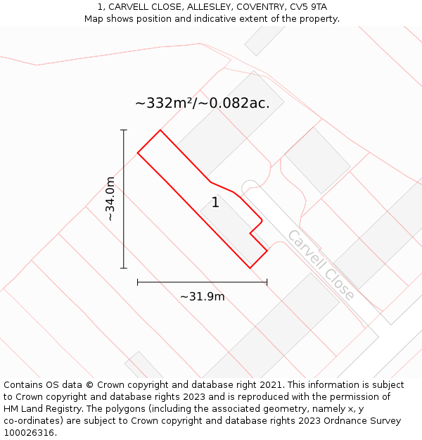 1, CARVELL CLOSE, ALLESLEY, COVENTRY, CV5 9TA: Plot and title map
