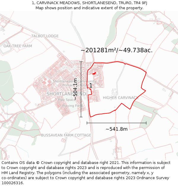 1, CARVINACK MEADOWS, SHORTLANESEND, TRURO, TR4 9FJ: Plot and title map