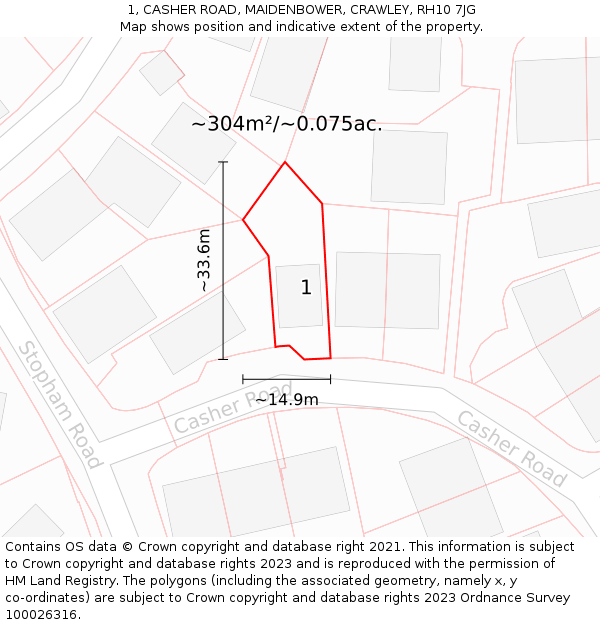 1, CASHER ROAD, MAIDENBOWER, CRAWLEY, RH10 7JG: Plot and title map