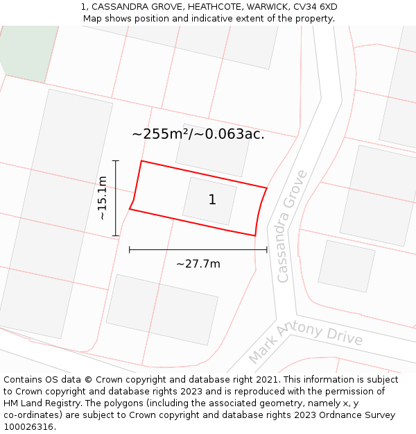 1, CASSANDRA GROVE, HEATHCOTE, WARWICK, CV34 6XD: Plot and title map