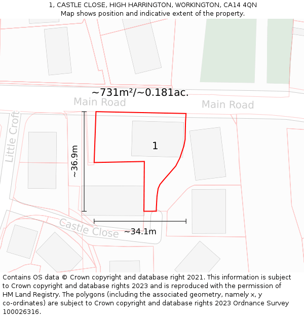 1, CASTLE CLOSE, HIGH HARRINGTON, WORKINGTON, CA14 4QN: Plot and title map