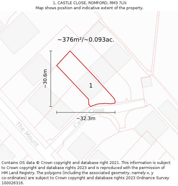1, CASTLE CLOSE, ROMFORD, RM3 7LN: Plot and title map