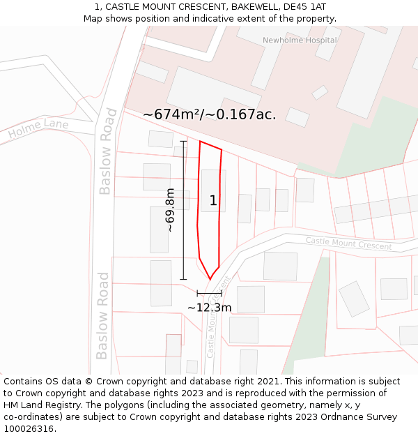 1, CASTLE MOUNT CRESCENT, BAKEWELL, DE45 1AT: Plot and title map