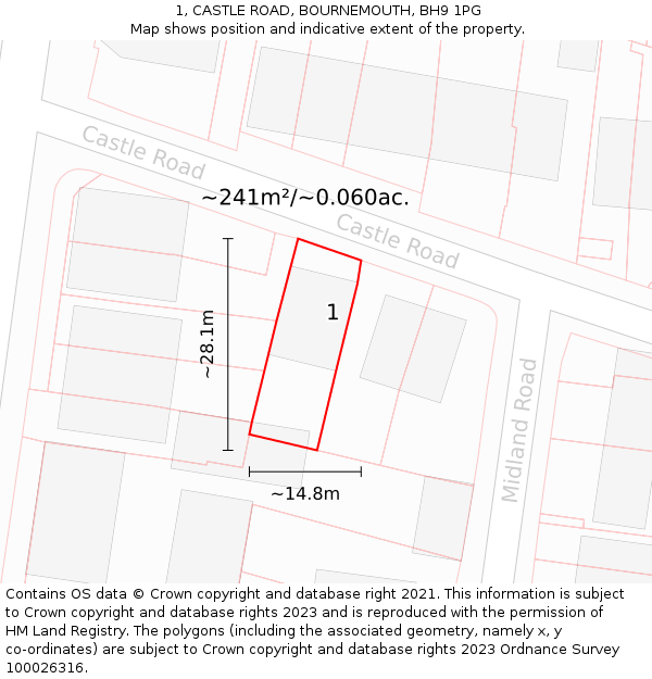 1, CASTLE ROAD, BOURNEMOUTH, BH9 1PG: Plot and title map