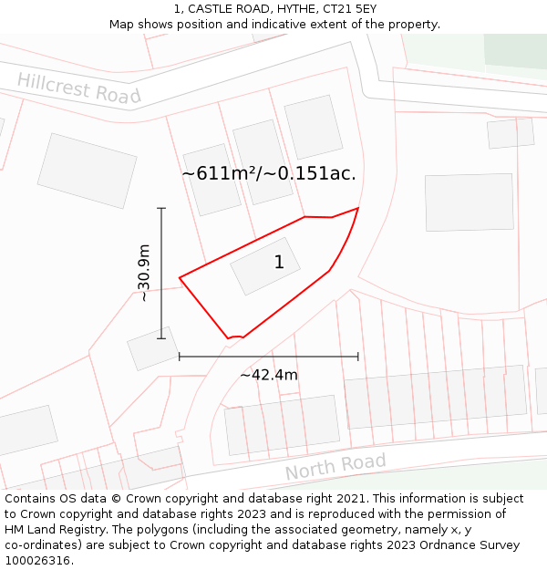 1, CASTLE ROAD, HYTHE, CT21 5EY: Plot and title map