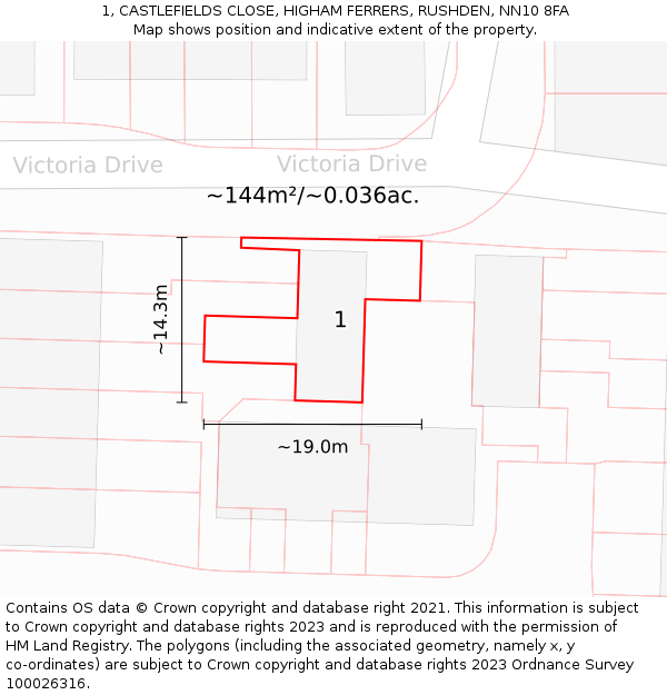 1, CASTLEFIELDS CLOSE, HIGHAM FERRERS, RUSHDEN, NN10 8FA: Plot and title map