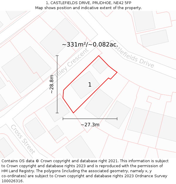 1, CASTLEFIELDS DRIVE, PRUDHOE, NE42 5FP: Plot and title map