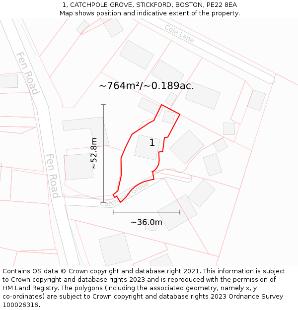 1, CATCHPOLE GROVE, STICKFORD, BOSTON, PE22 8EA: Plot and title map