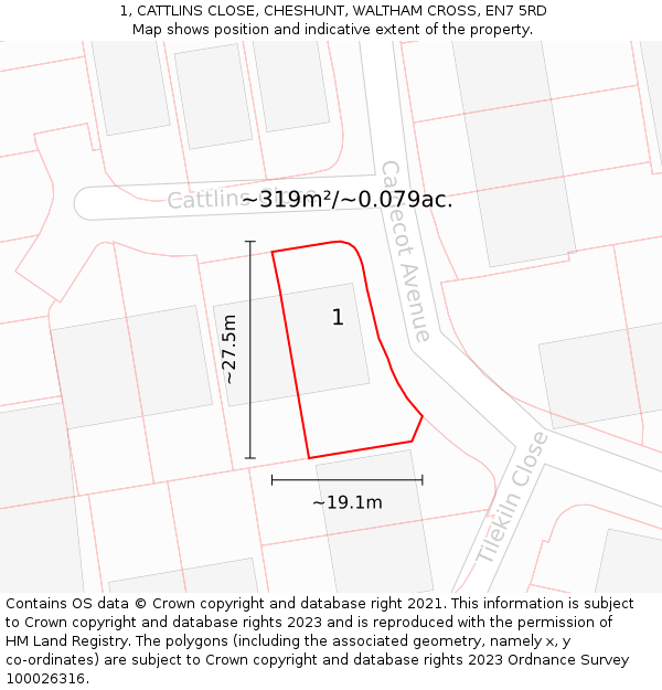 1, CATTLINS CLOSE, CHESHUNT, WALTHAM CROSS, EN7 5RD: Plot and title map