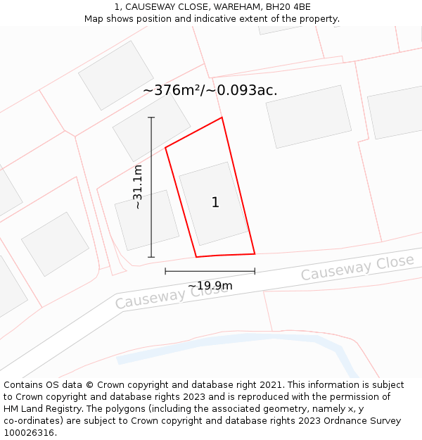 1, CAUSEWAY CLOSE, WAREHAM, BH20 4BE: Plot and title map