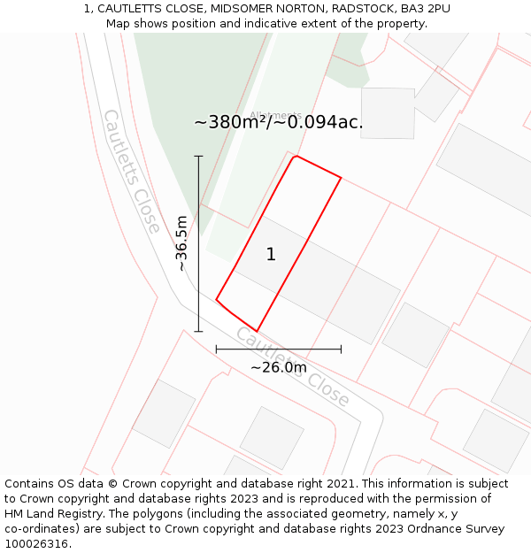 1, CAUTLETTS CLOSE, MIDSOMER NORTON, RADSTOCK, BA3 2PU: Plot and title map