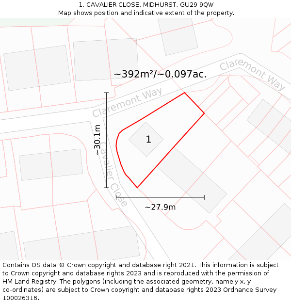 1, CAVALIER CLOSE, MIDHURST, GU29 9QW: Plot and title map