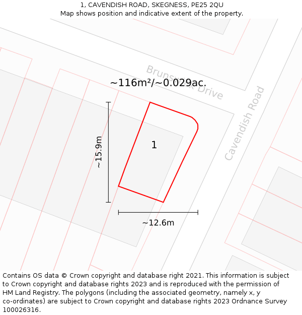 1, CAVENDISH ROAD, SKEGNESS, PE25 2QU: Plot and title map