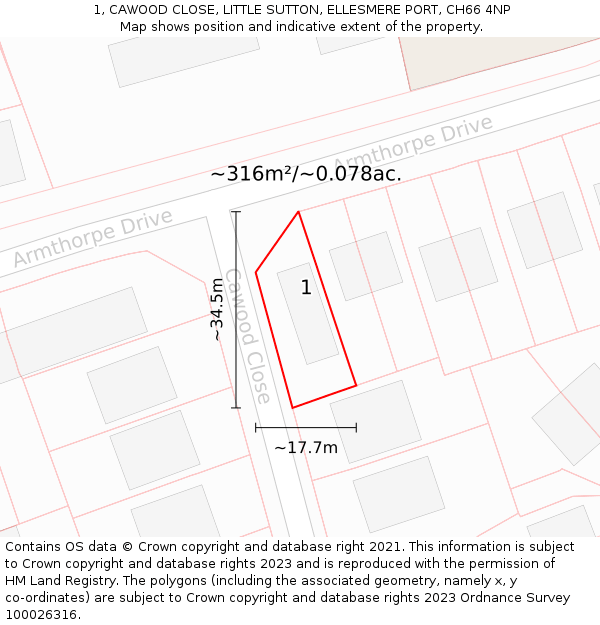 1, CAWOOD CLOSE, LITTLE SUTTON, ELLESMERE PORT, CH66 4NP: Plot and title map