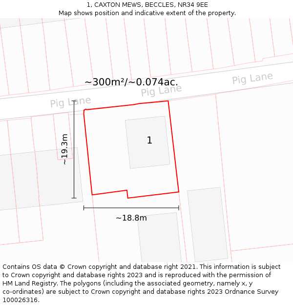 1, CAXTON MEWS, BECCLES, NR34 9EE: Plot and title map