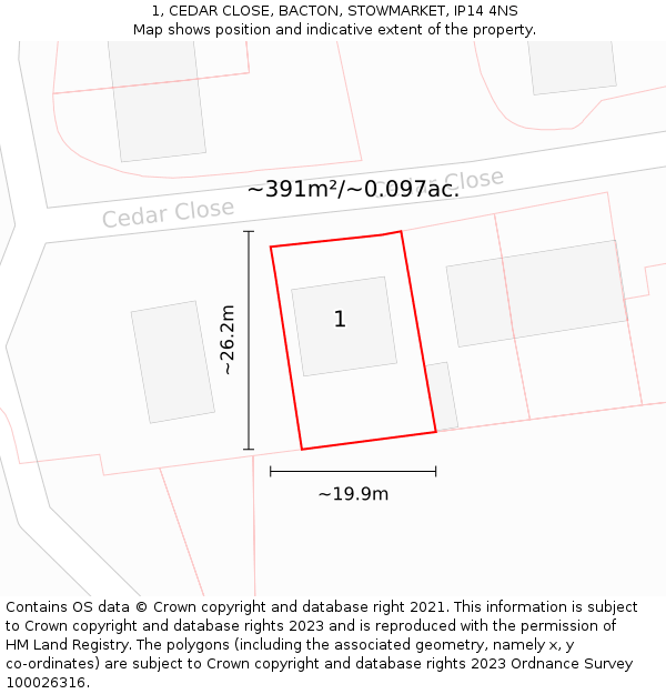 1, CEDAR CLOSE, BACTON, STOWMARKET, IP14 4NS: Plot and title map
