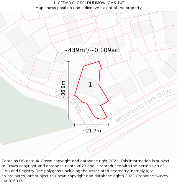 1, CEDAR CLOSE, DUNMOW, CM6 1WF: Plot and title map