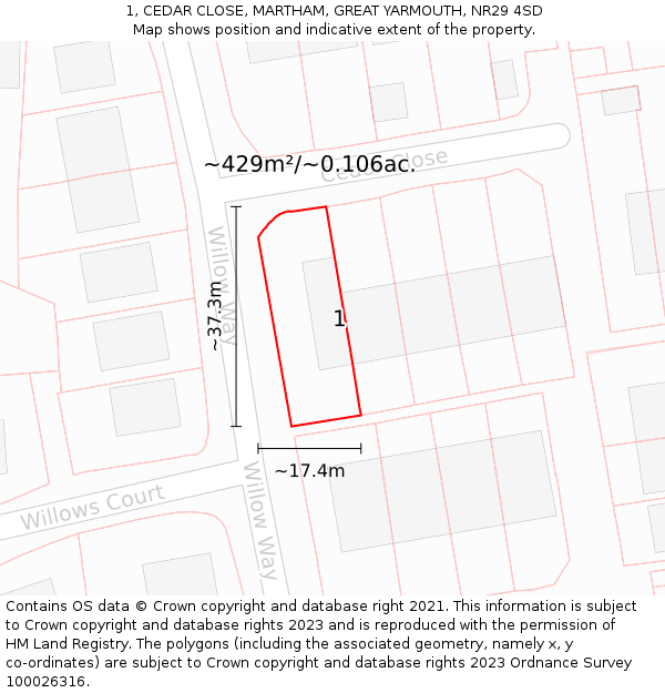 1, CEDAR CLOSE, MARTHAM, GREAT YARMOUTH, NR29 4SD: Plot and title map