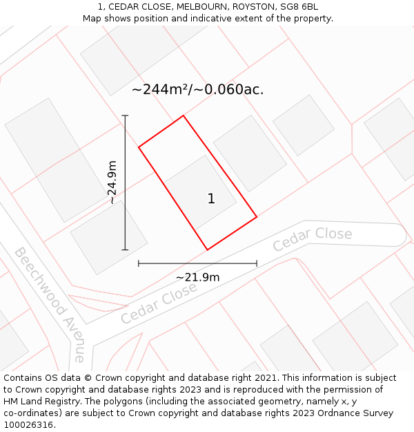1, CEDAR CLOSE, MELBOURN, ROYSTON, SG8 6BL: Plot and title map