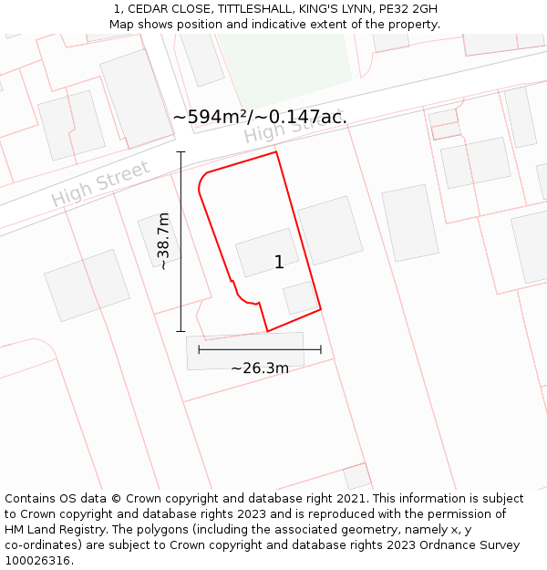 1, CEDAR CLOSE, TITTLESHALL, KING'S LYNN, PE32 2GH: Plot and title map