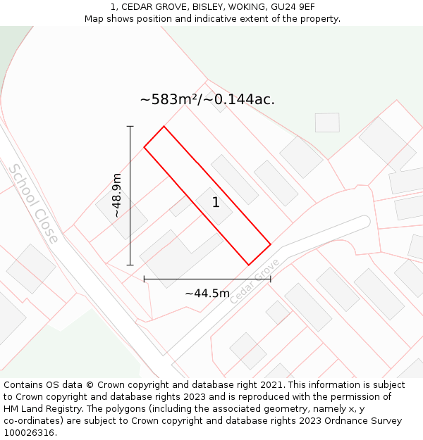 1, CEDAR GROVE, BISLEY, WOKING, GU24 9EF: Plot and title map