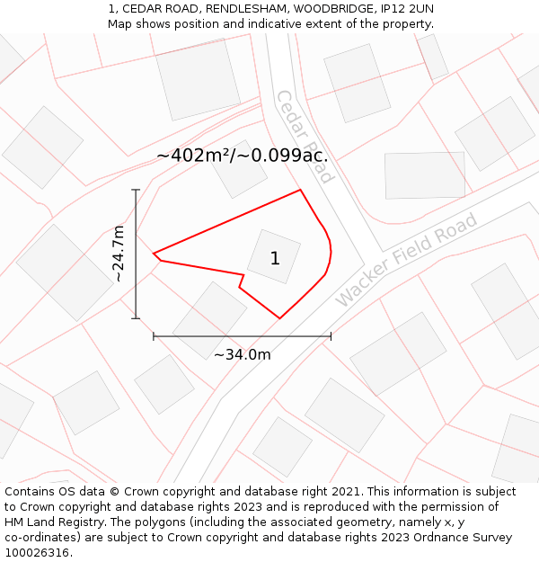1, CEDAR ROAD, RENDLESHAM, WOODBRIDGE, IP12 2UN: Plot and title map