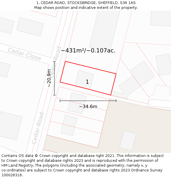 1, CEDAR ROAD, STOCKSBRIDGE, SHEFFIELD, S36 1AS: Plot and title map