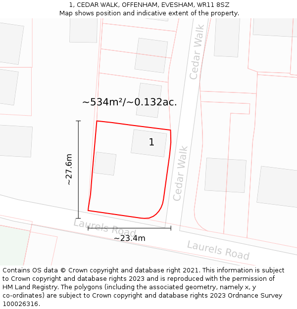 1, CEDAR WALK, OFFENHAM, EVESHAM, WR11 8SZ: Plot and title map