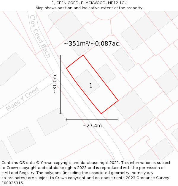 1, CEFN COED, BLACKWOOD, NP12 1GU: Plot and title map