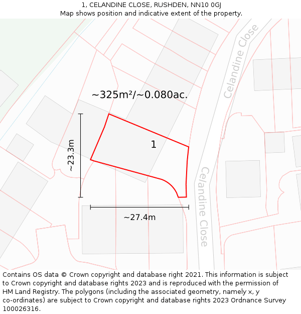 1, CELANDINE CLOSE, RUSHDEN, NN10 0GJ: Plot and title map