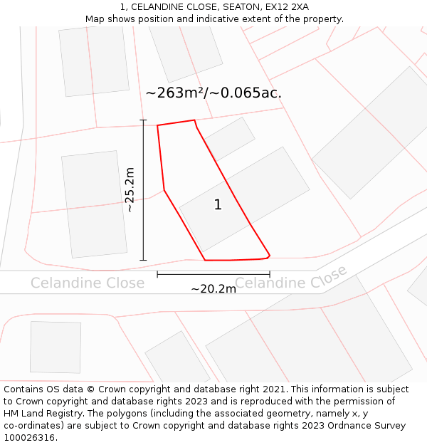 1, CELANDINE CLOSE, SEATON, EX12 2XA: Plot and title map