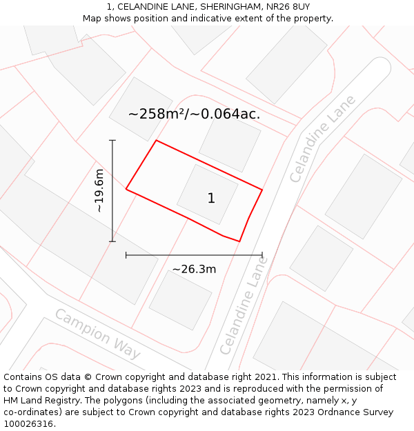 1, CELANDINE LANE, SHERINGHAM, NR26 8UY: Plot and title map