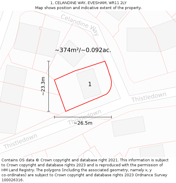 1, CELANDINE WAY, EVESHAM, WR11 2LY: Plot and title map
