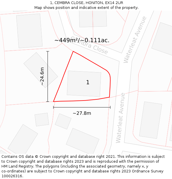 1, CEMBRA CLOSE, HONITON, EX14 2UR: Plot and title map
